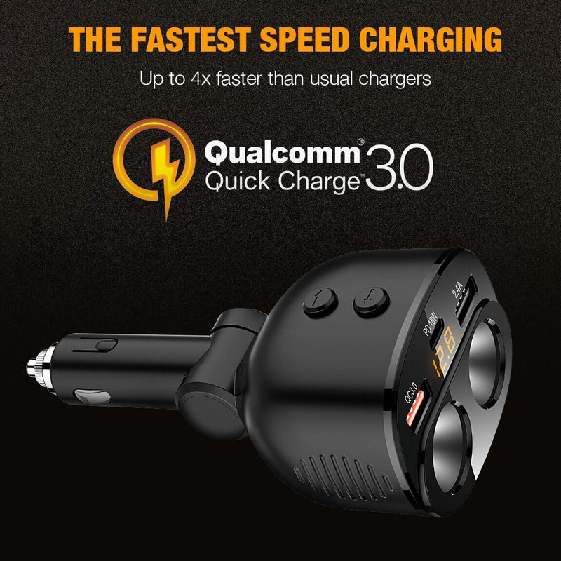 USB C Car Charger, 2 Sockets Cigarette Lighter Splitter 12/24V 80W LED Display