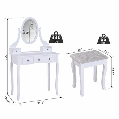 2-PC Dressing Table Set Vanity Makeup Desk Mirror Stool 5 Drawers Bedroom White