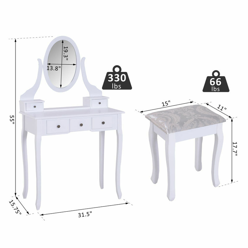 2-PC Dressing Table Set Vanity Makeup Desk Mirror Stool 5 Drawers Bedroom White