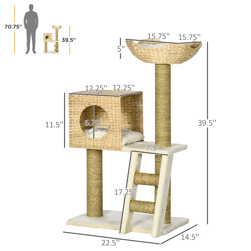 39.5&quot; Cat Tree Tower Cattail Weave W/ Cat Condo, Bed, Ladder, Washable Cushions