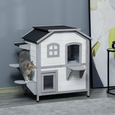 Wooden 2-Story Indoor or Outdoor Cat House W/ Escape Door, Cat Shelter, White 196393161340