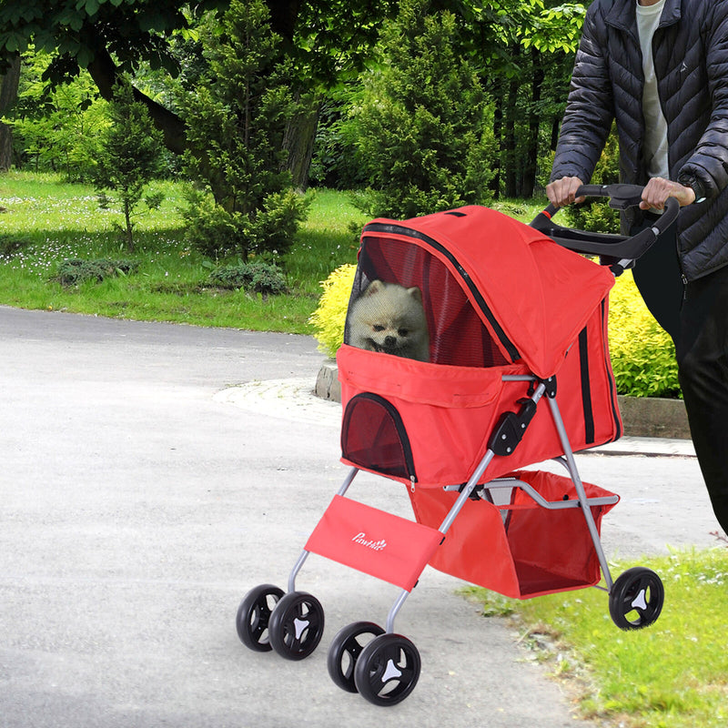 PawHut Cat Dog Carrier Cart Foldable with Storage Basket Cup Holder, Red
