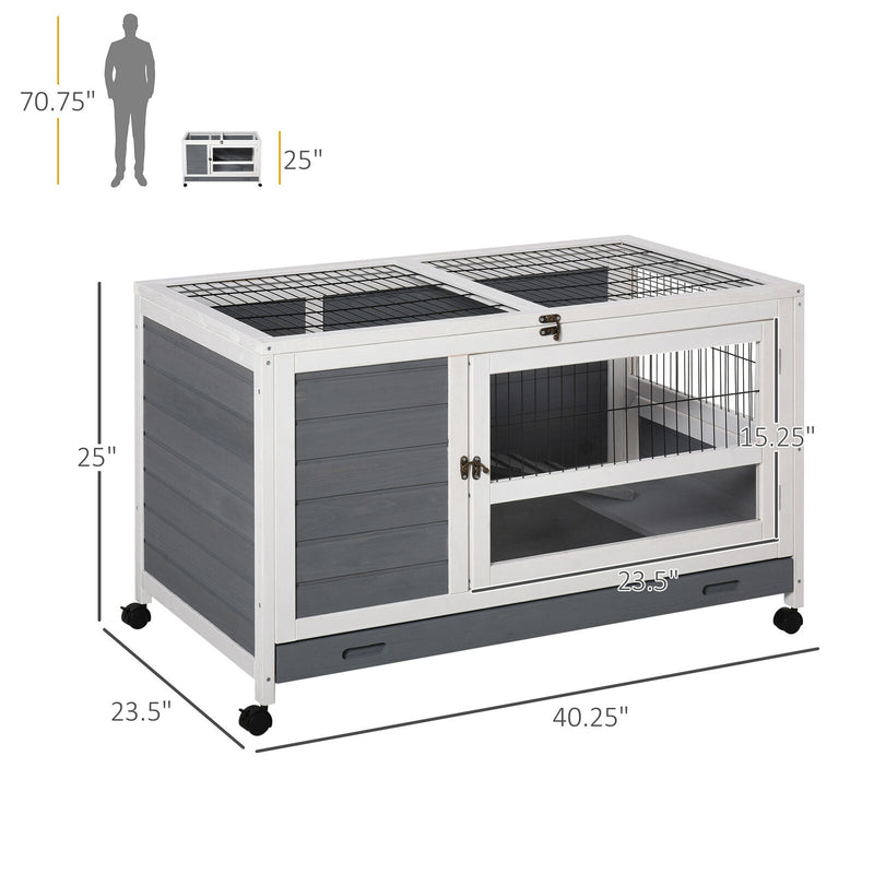 Wooden Rabbit Hutch Elevated Pet Bunny House with Slide-Out Tray Indoor Grey