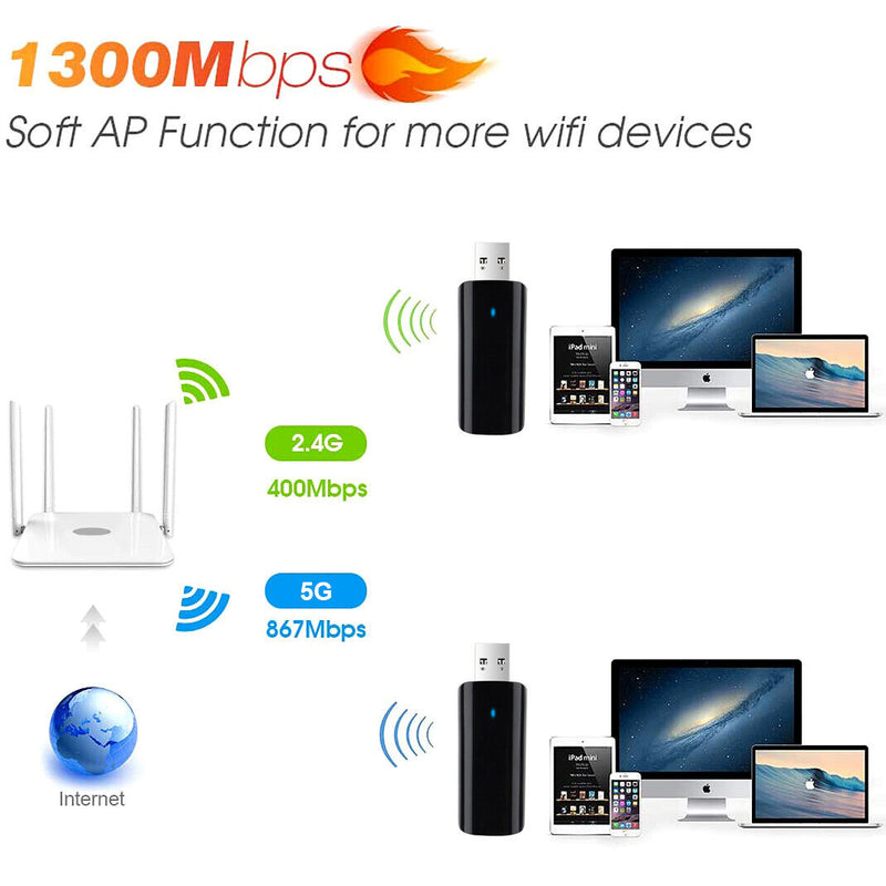 Wireless USB 3.0 WiFi Adapter AC1300Mbps High Speed 802.11ac 2.4GHz/5GHz for PC