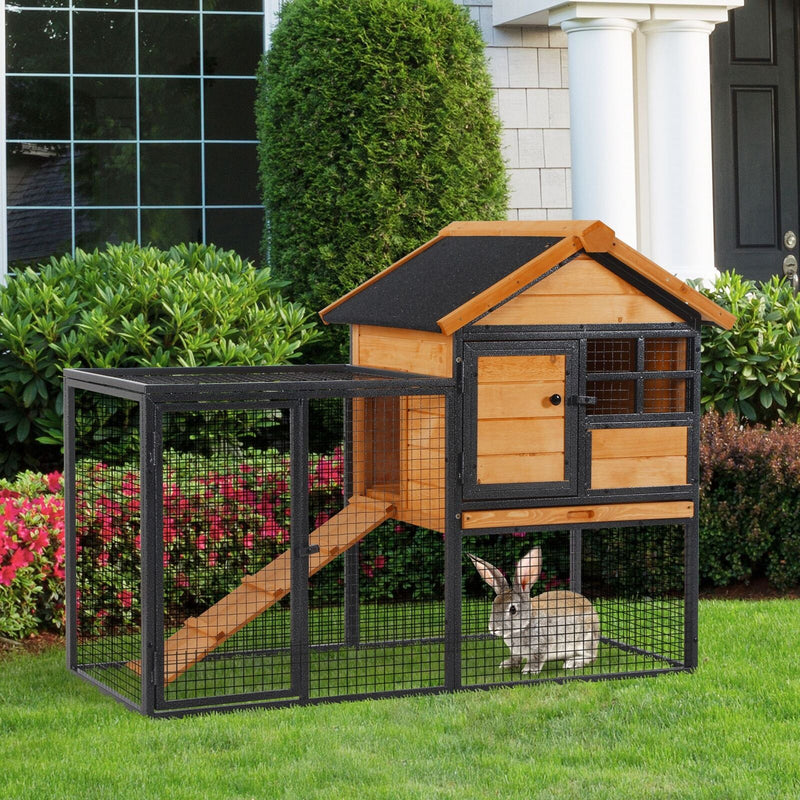 Outdoor Rabbit Cage Elevated Pet House w/ Slide-Out Tray, Natural Wood &amp; Black 842525165365