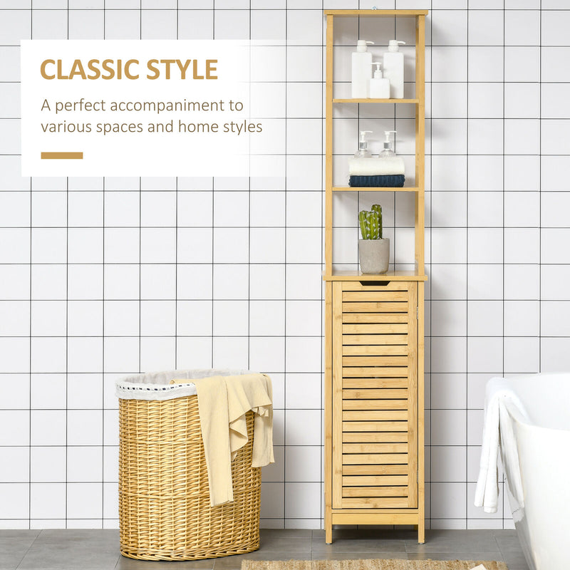 Tall Slim Bathroom Floor Cabinet Freestanding Linen Tower w/ 3 Shelves Natural