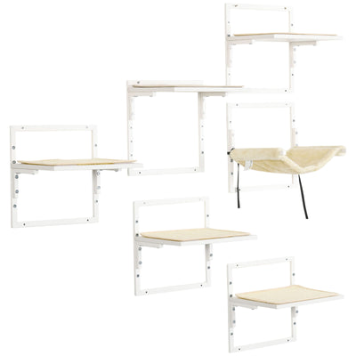 6PCs Modern Steel Cat Wall Shelves with Jumping Platform and Hammock, Cream