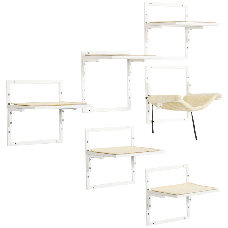 6PCs Modern Steel Cat Wall Shelves with Jumping Platform and Hammock, Cream