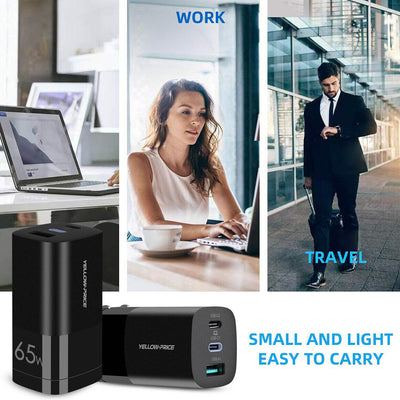 65W GaN PD Charger 3 Ports Wall Charger for Macbook Pro 13",iPhone 12, iPad Pro