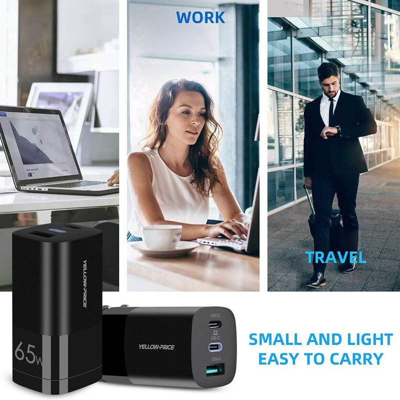 65W GaN PD Charger 3 Ports Wall Charger for Macbook Pro 13",iPhone 12, iPad Pro