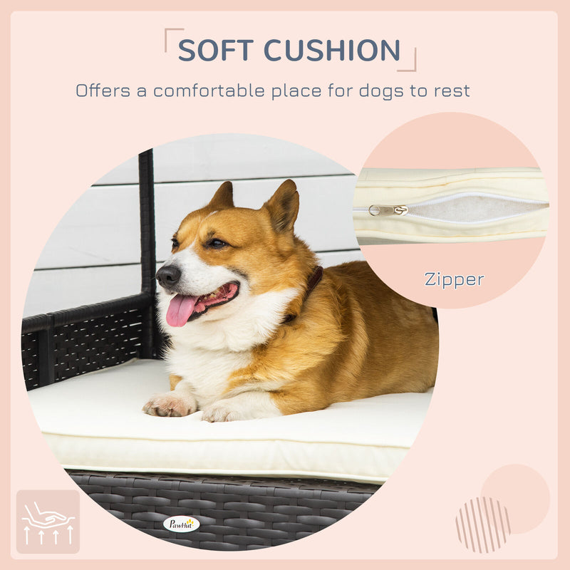 Elevated Wicker Dog House, Raised Rattan Pet Bed Cabana w/ Cushion, Canopy White 842525148276