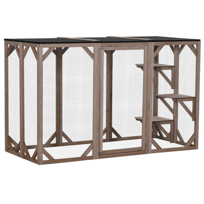 Cat Cage Wooden Pet Enclosure with Waterproof Roof, Platforms, Lock, Brown