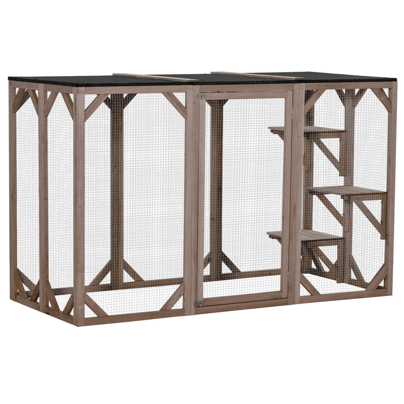 Cat Cage Wooden Pet Enclosure with Waterproof Roof, Platforms, Lock, Brown