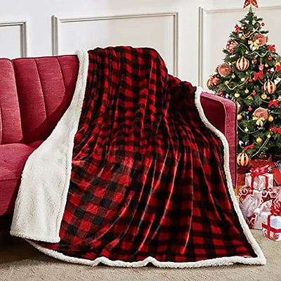 Christmas Red Black Checkered Sherpa Blanket Throw - Ultra Warm & Super Soft CA