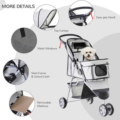 3 Wheels Pet Stroller Folding Dog Carrying Cart w/ Brake Canopy Travel