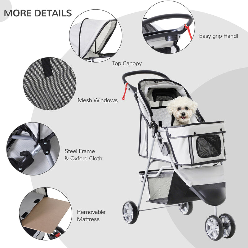 3 Wheels Pet Stroller Folding Dog Carrying Cart w/ Brake Canopy Travel
