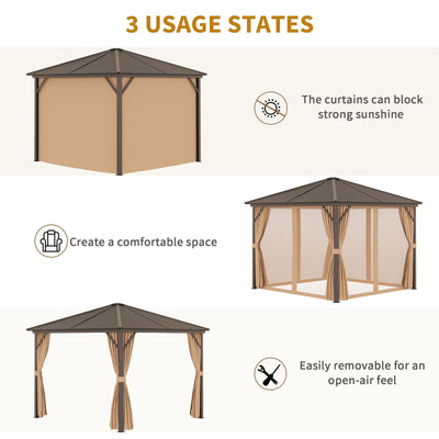 10&apos; x 10&apos; Steel Hardtop Gazebo with Nettings and Curtains Hook Aluminum Frame