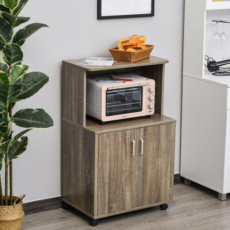 Wooden Microwave Cart on Wheels Storage Shelf 2-door Cabinet Trolley Grey