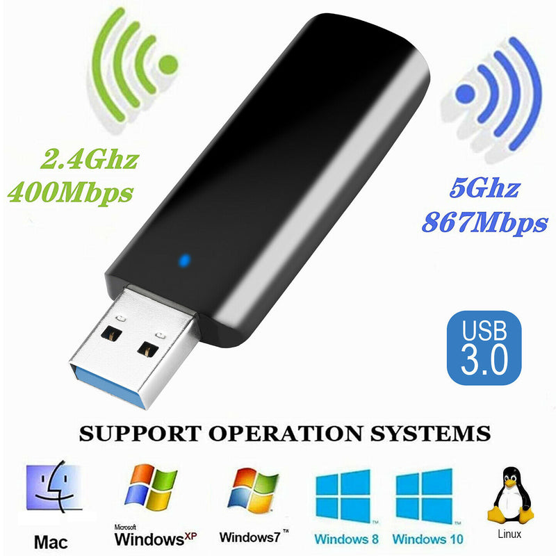 Wireless USB 3.0 WiFi Adapter AC1300Mbps High Speed 802.11ac 2.4GHz/5GHz for PC