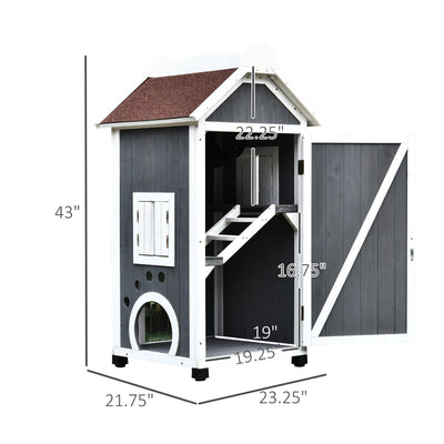 Solid Wood Cat Condo Furniture 2-Floor Pet Shelter, Grey and White, 43&quot; H 842525144469