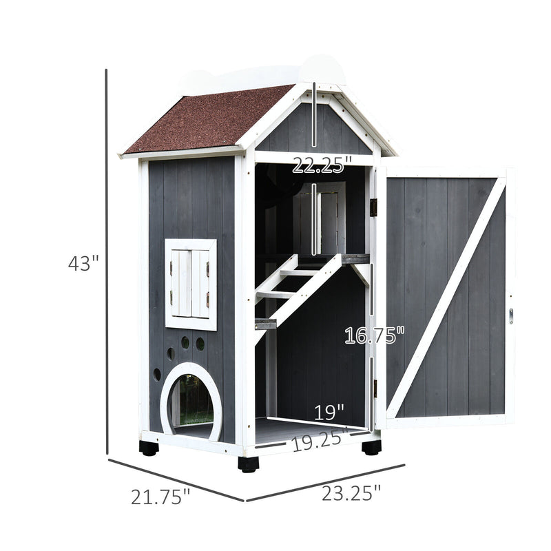 Solid Wood Cat Condo Furniture 2-Floor Pet Shelter, Grey and White, 43&quot; H 842525144469