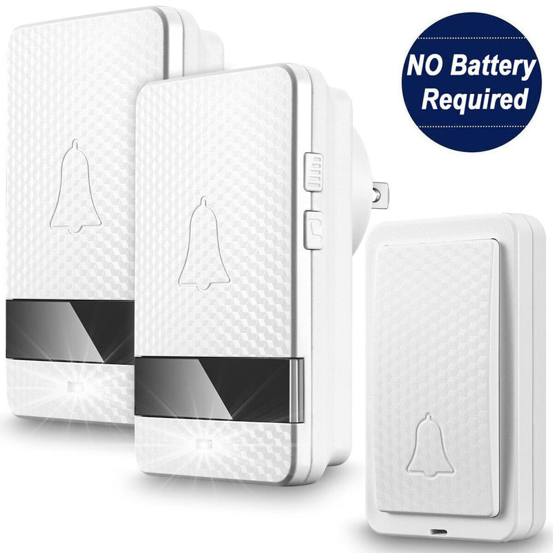 Wireless Doorbell Battery Free Operated 1 Remote Button+2 Plug in Receiver White