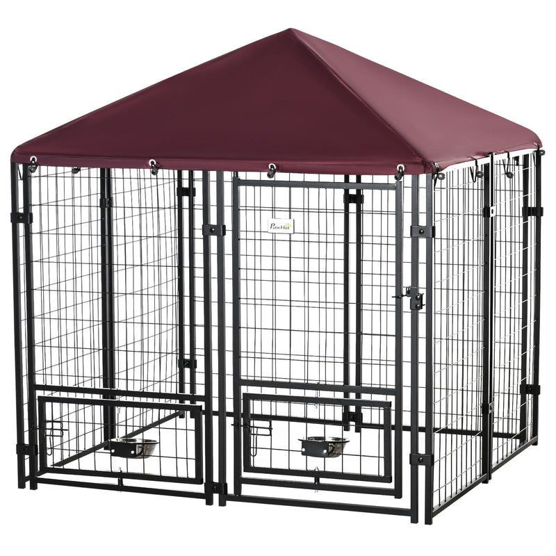 4.6&apos; x4.6&apos; x5&apos; Indoor/Outdoor Metal Dog Kennel House w/ 2 Food Bowls &amp; Lock 196393159187