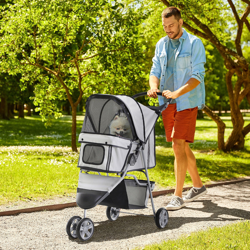 3 Wheels Pet Stroller Folding Dog Carrying Cart w/ Brake Canopy Travel
