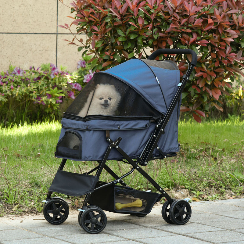Pet Stroller Foldable Travel Dog Cat Carriage w/ Reversible Handle Brake Basket