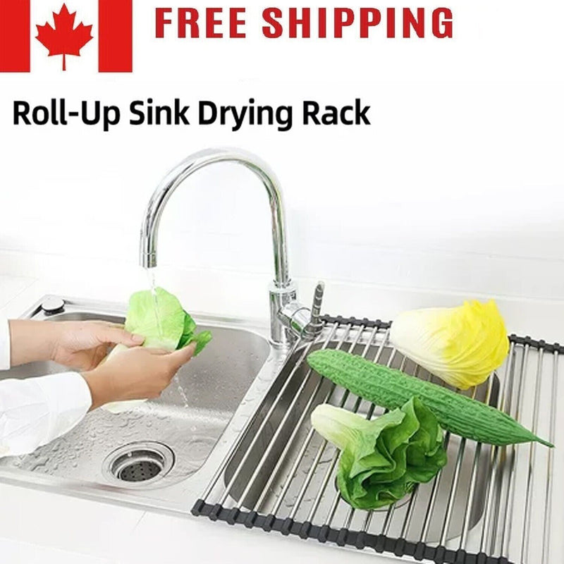 Kitchen Stainless Steel Sink Drain Rack Roll Up Dish Food Drying Drainer Mat