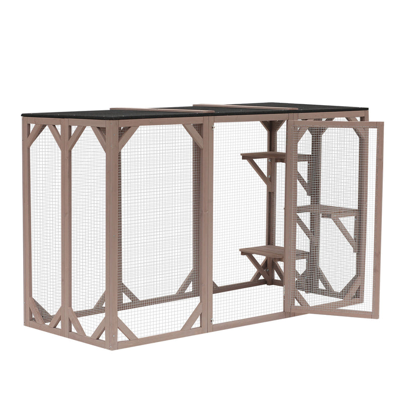 Cat Cage Wooden Pet Enclosure with Waterproof Roof, Platforms, Lock, Brown