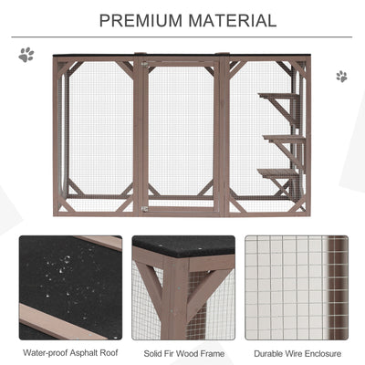 Cat Cage Wooden Pet Enclosure with Waterproof Roof, Platforms, Lock, Brown