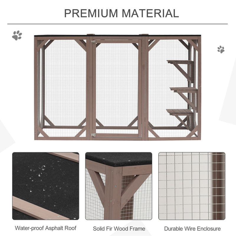 Cat Cage Wooden Pet Enclosure with Waterproof Roof, Platforms, Lock, Brown