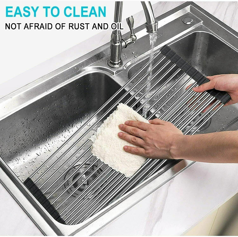 Kitchen Stainless Steel Sink Drain Rack Roll Up Dish Food Drying Drainer Mat