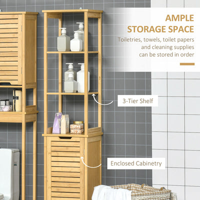Tall Slim Bathroom Floor Cabinet Freestanding Linen Tower w/ 3 Shelves Natural