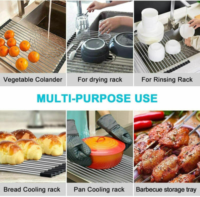 Kitchen Stainless Steel Sink Drain Rack Roll Up Dish Food Drying Drainer Mat