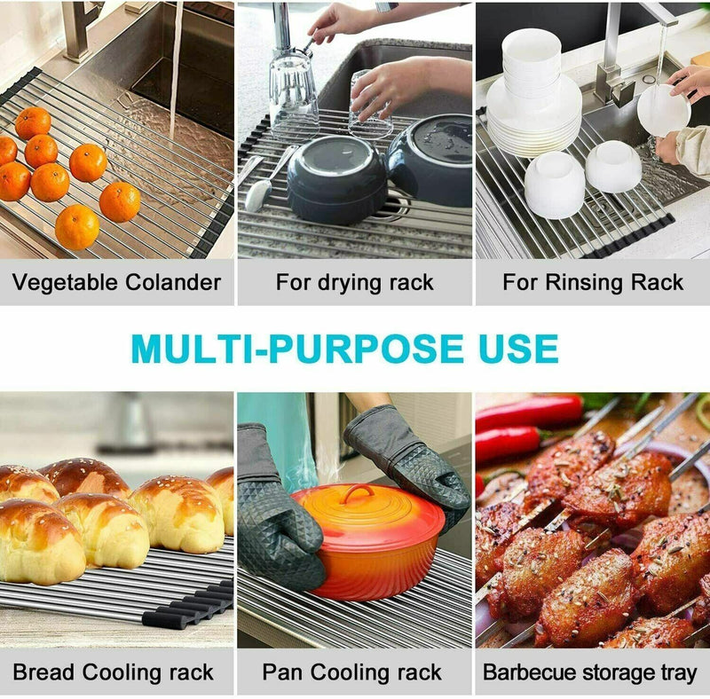 Kitchen Stainless Steel Sink Drain Rack Roll Up Dish Food Drying Drainer Mat