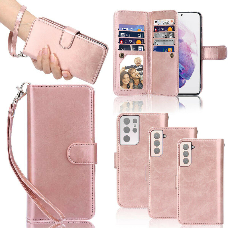 Rose Gold Luxury Detachable Leather Wallet Case w/Strap for Galaxy S21 S21+ S21U
