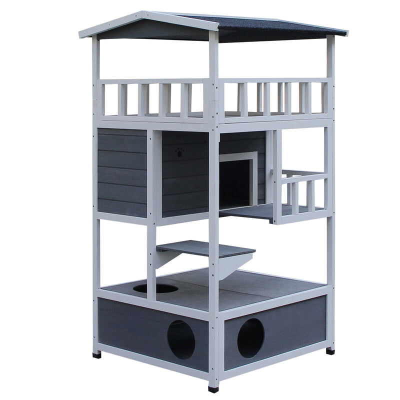 Feral Cat House, Kitten Condo Shelter w/ Raised Base &amp; Asphalt Roof, Grey 842525142885