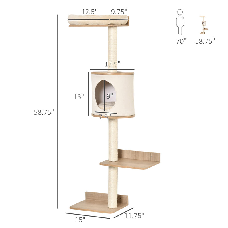 4-Level Wall Mounted Cat Tree Activity Play Center w/ Condo Bed Scratching Posts 196393066645
