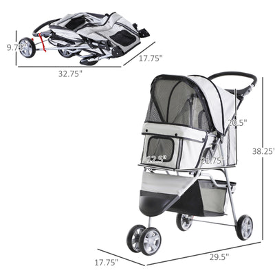 3 Wheels Pet Stroller Folding Dog Carrying Cart w/ Brake Canopy Travel