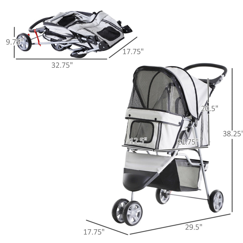 3 Wheels Pet Stroller Folding Dog Carrying Cart w/ Brake Canopy Travel