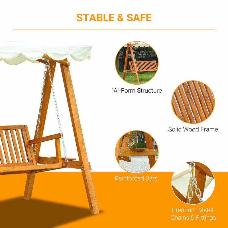 Outsunny Heavy-Duty 3 Seater Hardwood Swing Chair Hammock w/ Canopy Patio Garden