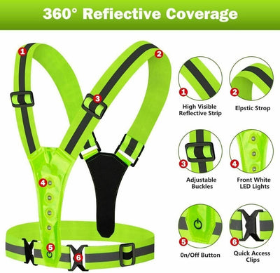 LED Reflective Running Biking Vest, High Visibility Warning Lights Safety Gear