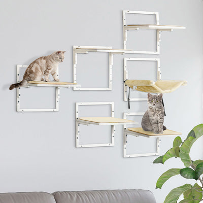 6PCs Modern Steel Cat Wall Shelves with Jumping Platform and Hammock, Cream