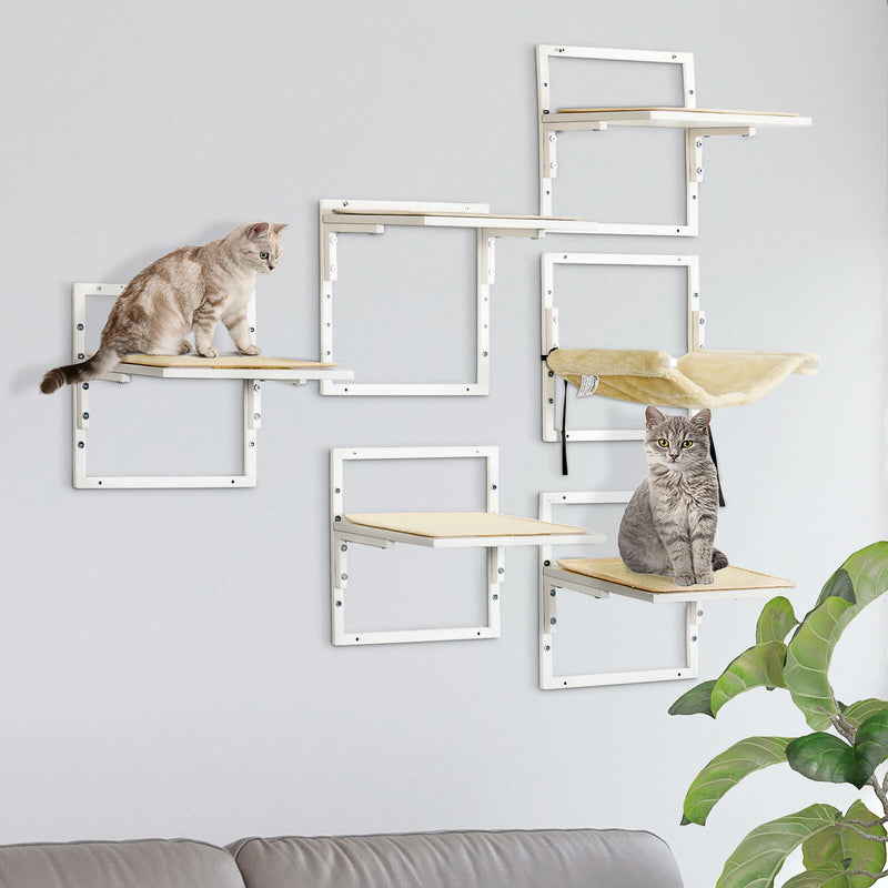 6PCs Modern Steel Cat Wall Shelves with Jumping Platform and Hammock, Cream