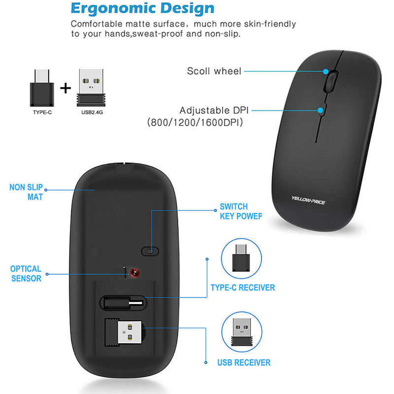 2.4G Rechargeable USB C Wireless Mouse Quiet Clicking for Type-C Laptop, MacBook