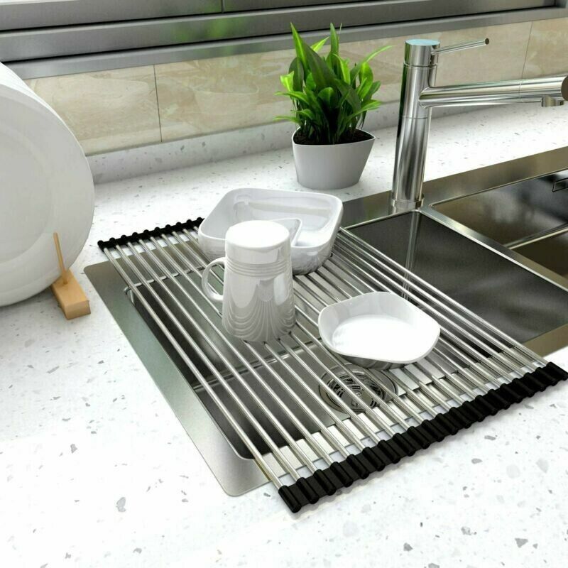 Kitchen Stainless Steel Sink Drain Rack Roll Up Dish Food Drying Drainer Mat