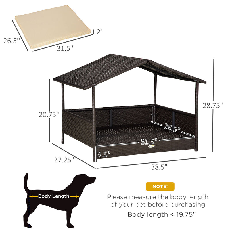 Elevated Wicker Dog House, Raised Rattan Pet Bed Cabana w/ Cushion, Canopy White 842525148276