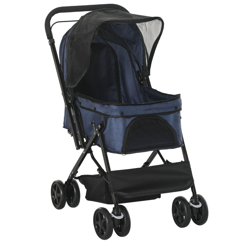 Pet Stroller Foldable Travel Dog Cat Carriage w/ Reversible Handle Brake Basket